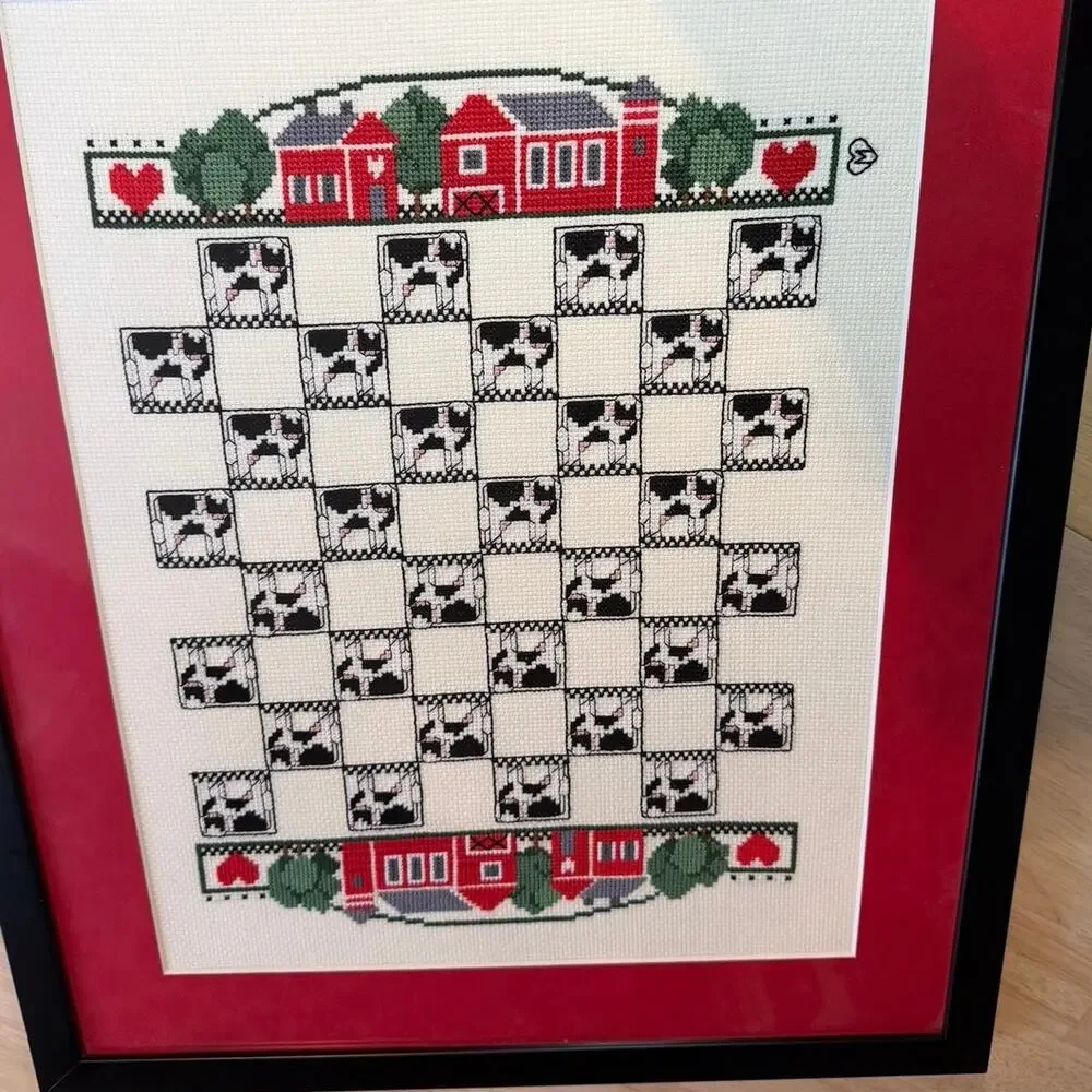 Framed Completed Cross Stitch Cow Checkerboard Red Barn Farmhouse Art